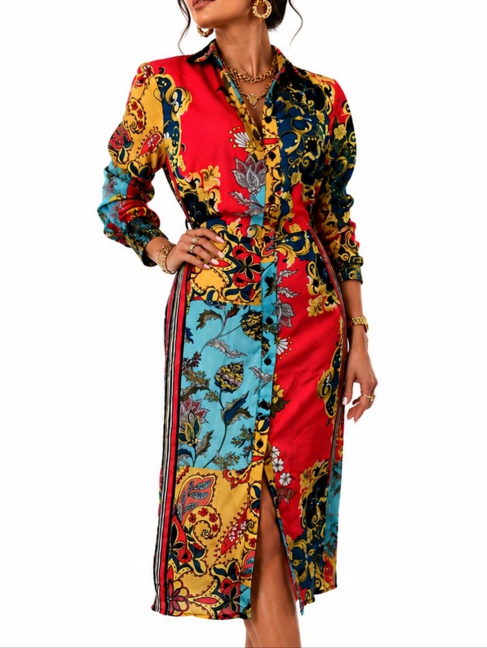 Long Sleeve Shirt Dress Button Up Bold Midi Italian Baroque Print Luxury Size XL